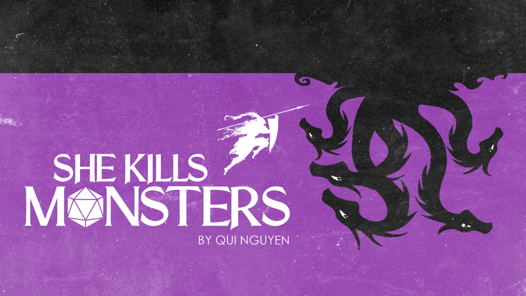 Show graphic for She Kills Monsters. Young woman warrior fights hydra.