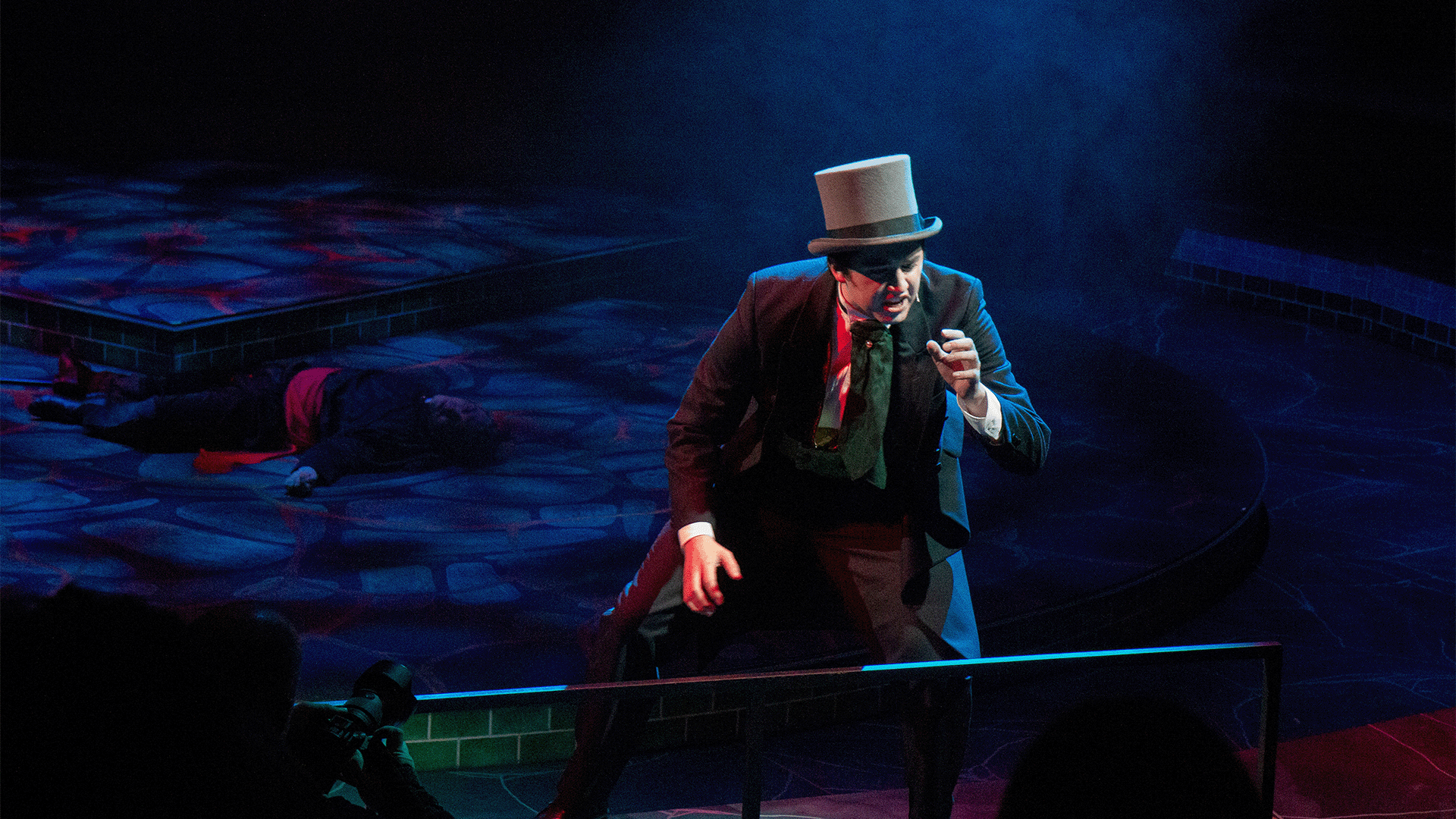 Jackson Lods who plays Dr. Jekyll and Mr. Hyde in Stewart Theatre during final dress rehearsal.