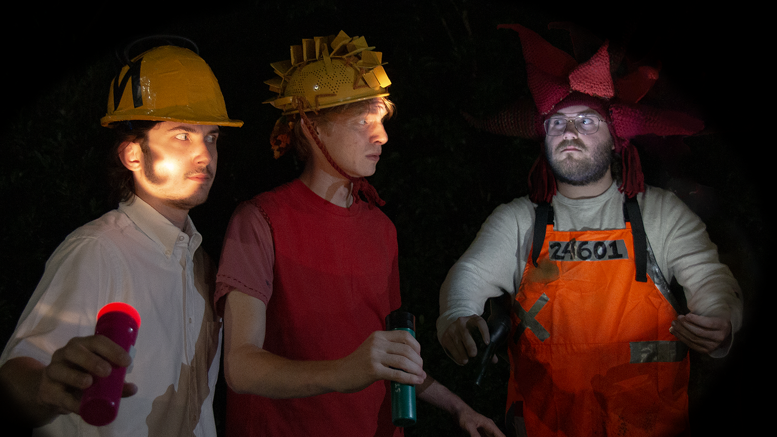 The cast of University Theatre's "The Ghost of Splinter Cove" by Steven Dietz pretending to camp in the basement.