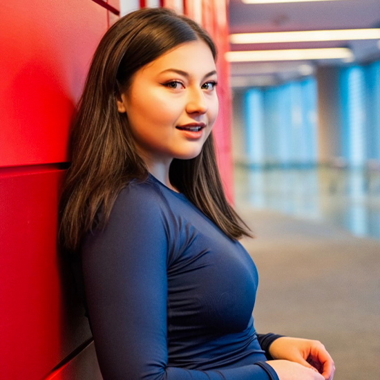 Brinley Carter, in a dark blue top, leans with her back up against a red wall