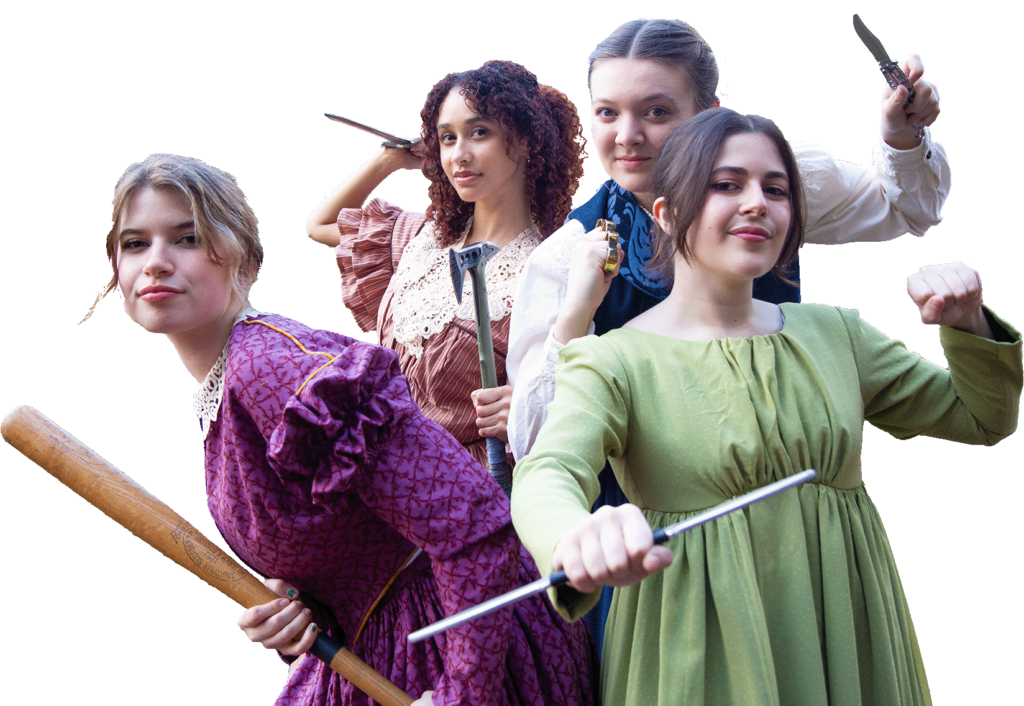 You on the Moors Now publicity image featuring Quinn Kinser (Jane Eyre), Jayla Freeman (Cathy from Wuthering Heights), Zoe Wright (Jo from Little Women), and Olivia Lanza (Elizabeth from Pride and Prejudice). All the women are striking a battle pose.
