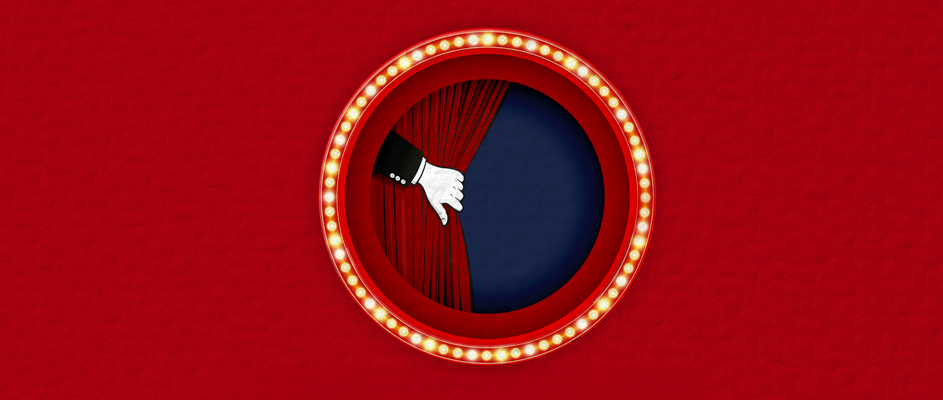 Portal within a Red background surrounded by dazzling lights. Within the portal a hand is pulling back curtain to reveal a blue back ground. 