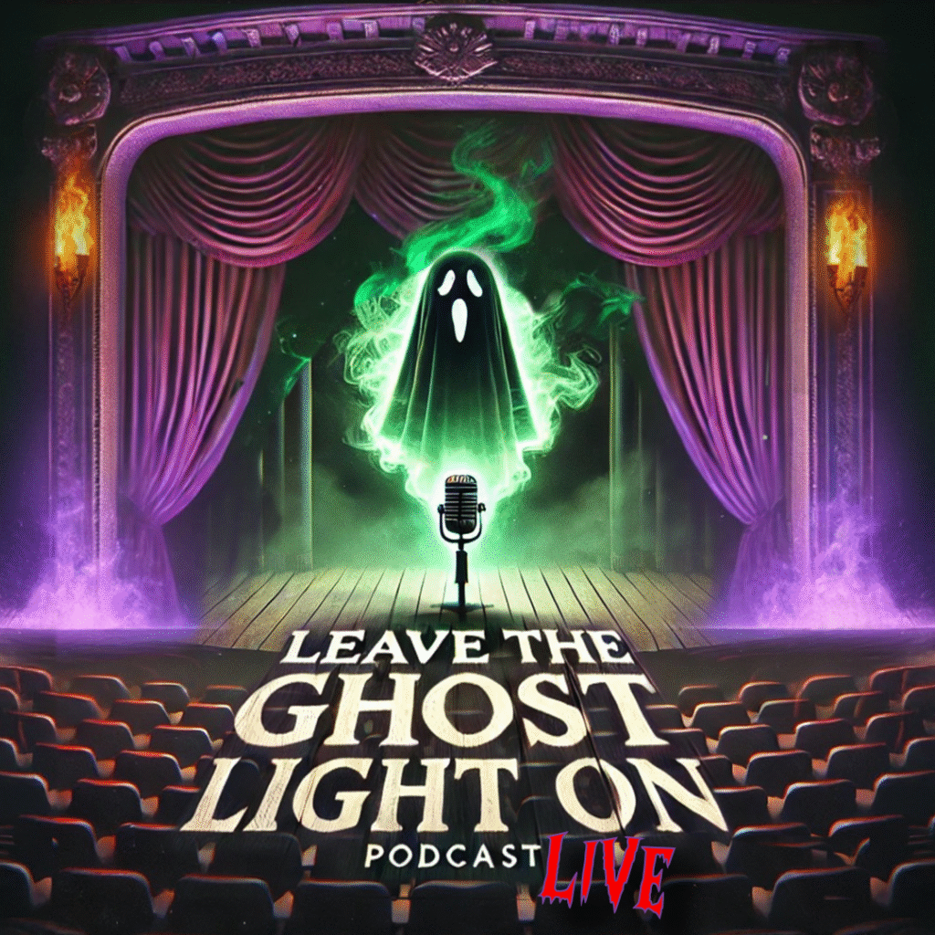 Image of a green ghost on stage with a microphone. There's a spooky feel of the theatre with purple smoke.