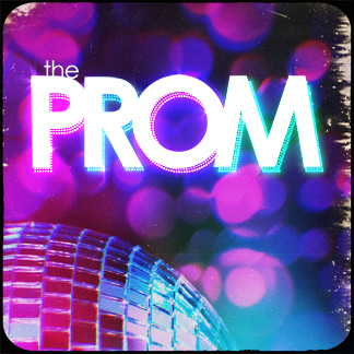 Logo for The Prom feature a disco ball against a background of cyan and magenta.